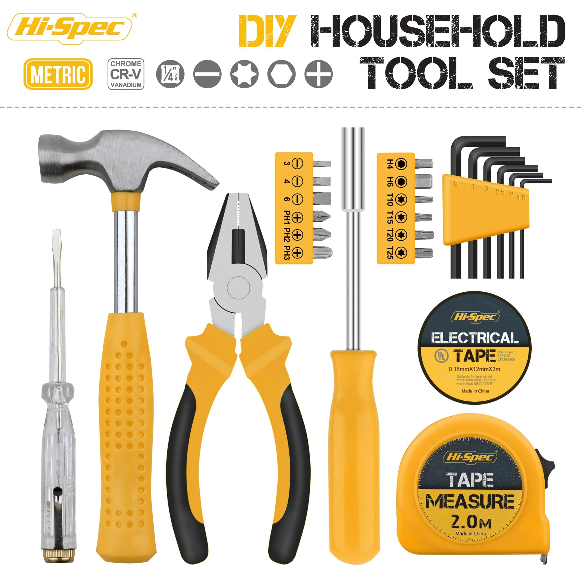 Hi-Spec 24pc Yellow Household DIY Tool Kit. Small Mini Box Set of Starter Basic Tools for Home & Office